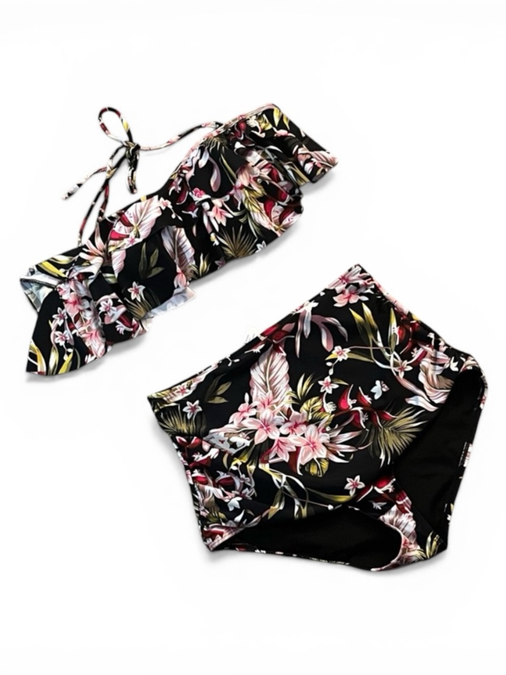 NWOT Cocoship Black Floral Two-Piece Bikini Set